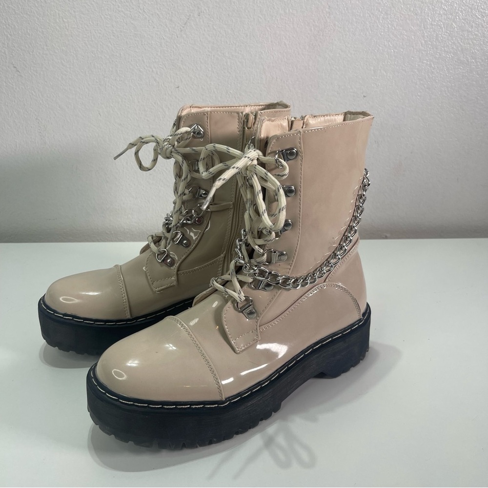 Chained Combat Chunky Ankle Moto Boots Union Bay Kailee 7.5M Cream Punk Anime
